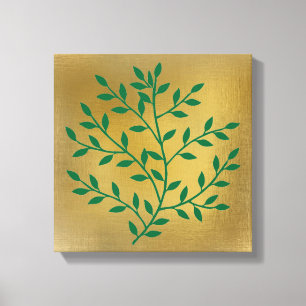 Toile Branche verte feuille verte sur or