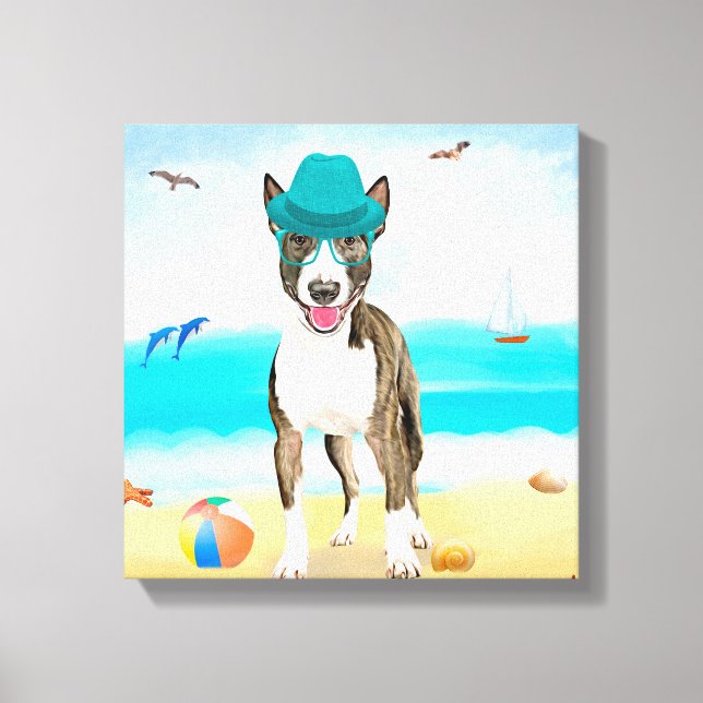 Toile Bull Terrier sur la plage (Recto)