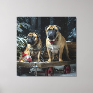 Toile Bullmastiff décoration de Noël traîneau enneigé