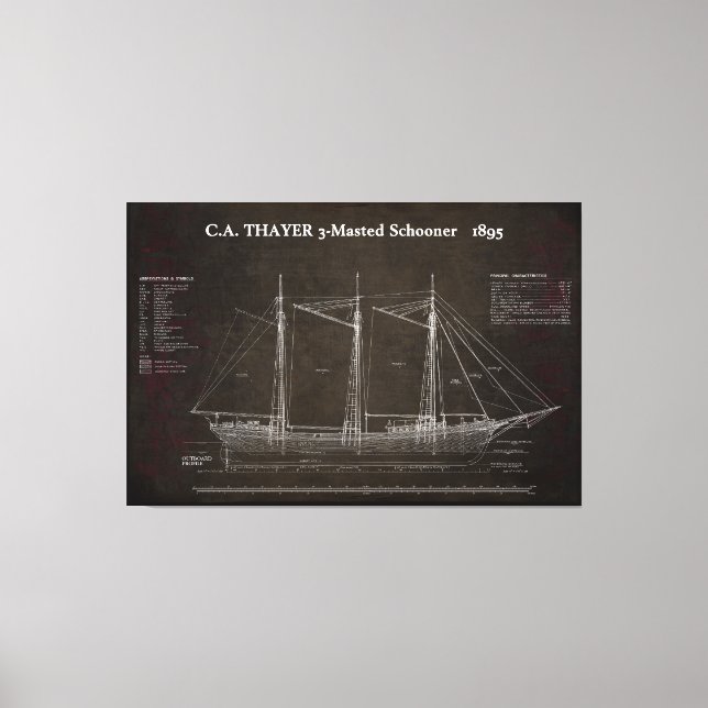 Toile C.A. THAYER 3-Mastered Schooner Blueprint 1895 (Recto)