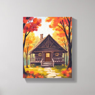 Toile Cabane en rondins Aquarelle de forêt de feuillag