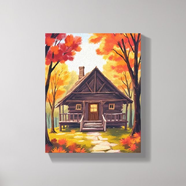 Toile Cabane en rondins | Aquarelle de forêt de feuillag (Recto)