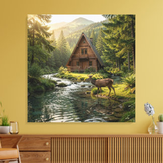 Toile Cabane en rondins, ruisseau, montagnes et cerfs Ar