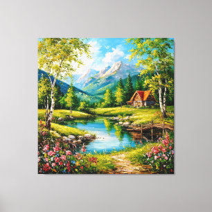 Toile Cabine idyllique au bord d'un ruisseau dans une mo