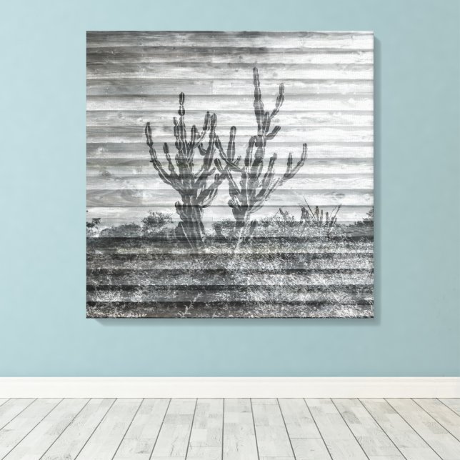 Toile Cactus Plants On Wood Planks Black And White Photo (Insitu (Plancher de Bois))