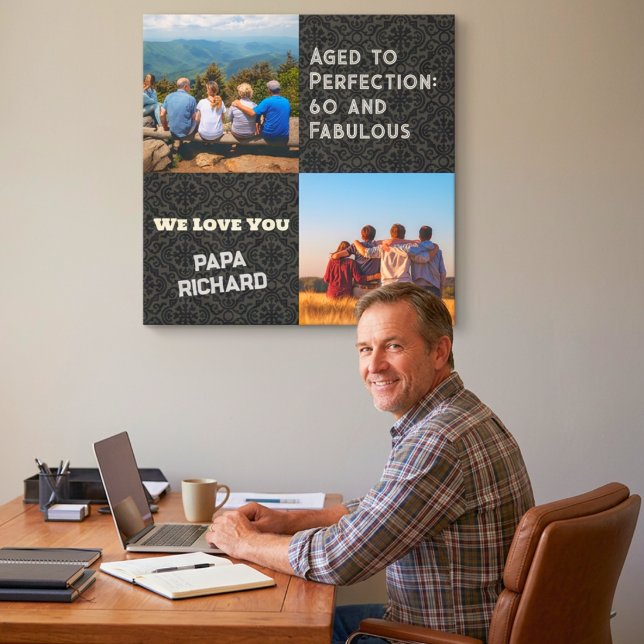 Toile Cadeaux de 60 ans personnalisés avec collage de ph (Custom Photo Collage 60th Birthday Gifts for Men Canvas Print)