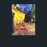 Toile Café Terrasse à la nuit par Vincent van Gogh<br><div class="desc">Le Café Terrace sur la Place du Forum de Vincent van Gogh est un post impressionnisme d'art vintage, une peinture architecturale de paysage urbain. Vue extérieure d'un restaurant avec tables, chaises, serveurs et personnes à manger. Une belle nuit avec des étoiles dans le ciel à Arles, France. À propos de...</div>