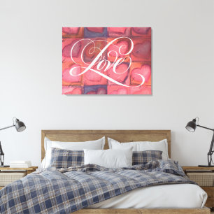 Toile Calligraphie fleurie Lettering Amour Coeurs roses