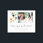 Toile Calligraphie Toujours & Forever Mariage Photo Coll<br><div class="desc">Belle impression de toile avec un collage photo mariage avec trois de vos photos à l'intérieur de cadres gris minces sur une impression blanche. Toujours & pour toujours écrit dans un magnifique script de calligraphie gris foncé. Personnalisez-vous avec trois photos mariages,  vos noms et votre date mariage !</div>