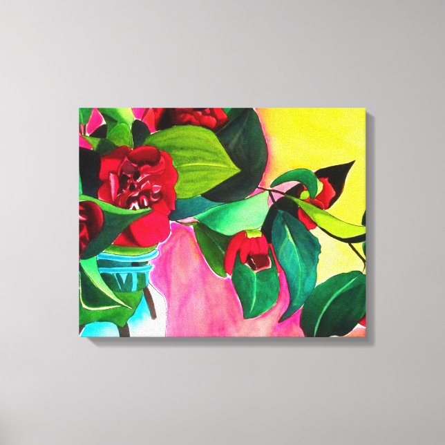 Toile Camellias rouge avec fleur d'aquarelle de feuillag (Recto)