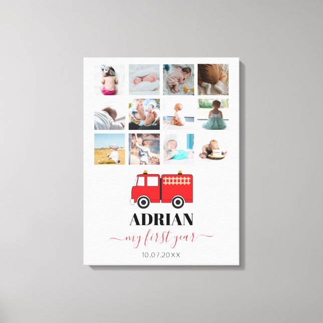 Toile Camion Feu Rouge Bébé Première année Photo Collage (Recto)