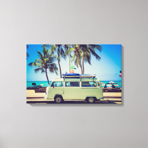 Toile Camper-bus Vintage couleur Turquoise à la plage
