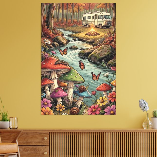 Toile Camper Rétro, Champignons, Ruisseau et Fleurs (Insitu(Salon))