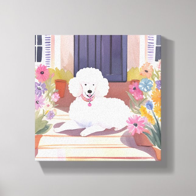 Toile Caniche Blanc | Fleurs Aquarelle Chien Animal (Recto)