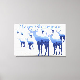 Toile Canvas Art Bleu Cerf Blanc Joyeux Noël