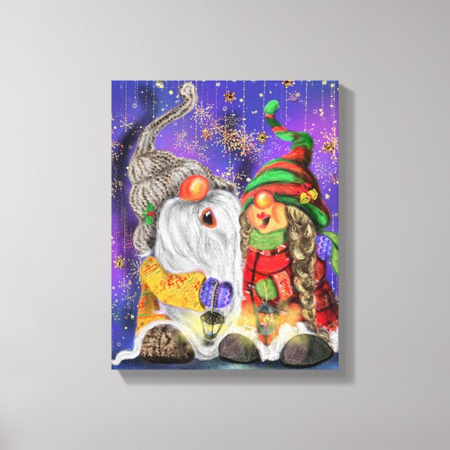 Toile Canvas de Noël Imprimer Cadeau avec Gnomes heureux (Recto)