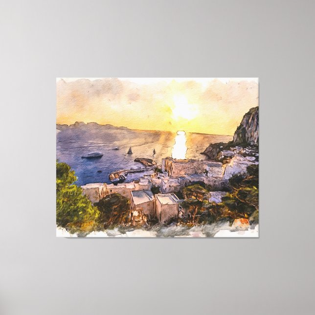 Toile Capri island sunset painting with harbor and boats (Recto)