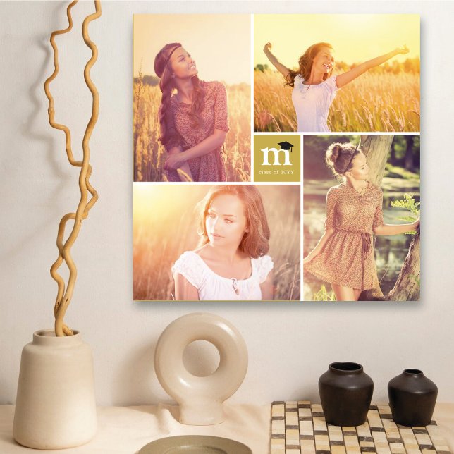 Toile Carré moderne Monogramme Graduation 4 Photo Collag (Modern Square Monogram Graduation 4 Photo Collage Canvas Print Wall Art @ zazzle.com/color_therapy)