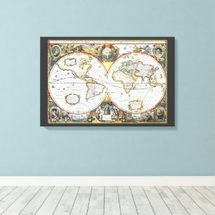 Toile Carte ancienne du monde par Hendrik Hondius, 1630