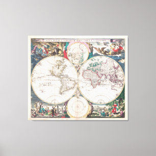 Toile Carte antique du monde de Double-Hémisphère