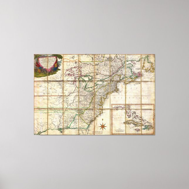 Toile Carte de l'Amérique coloniale RARE 1779 par René P (Recto)