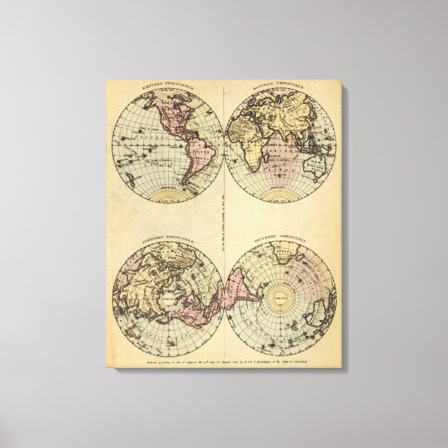 Toile Carte de l'Atlas des Hémisphères colorés à la main (Recto)
