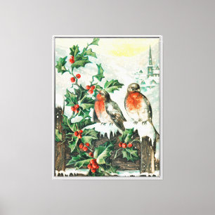 Toile Carte de Noël vintage avec rouges-gorges, houx, ég