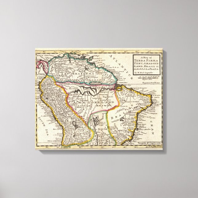 Toile Carte de Terra Firma, Pérou, Amazone Land, Brésil (Recto)