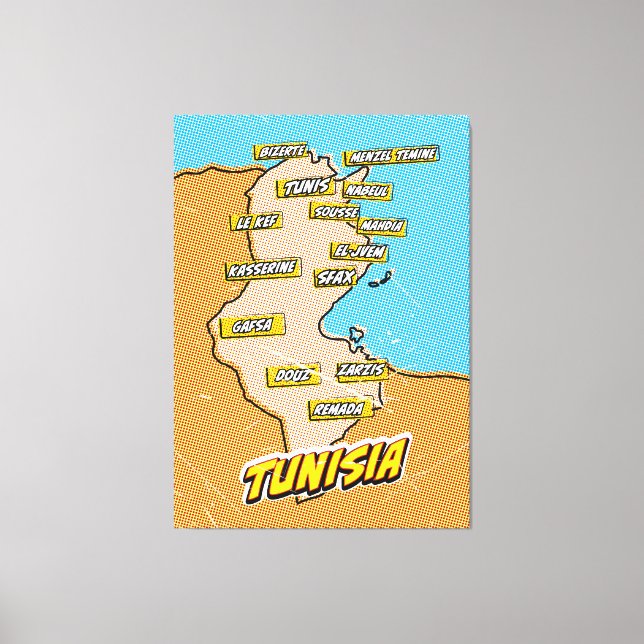 Toile Carte de Tunisie illustrée dans le style Pop Art (Recto)