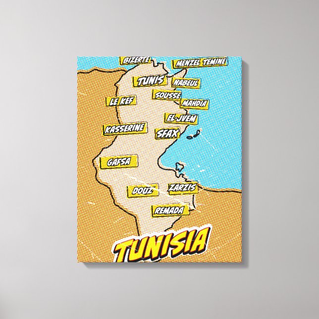 Toile Carte de Tunisie illustrée dans le style Pop Art (Recto)