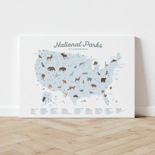 Toile Carte des parcs nationaux bleus Décor de la crèche