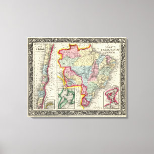Toile Carte du Brésil, de la Bolivie, du Paraguay, et d