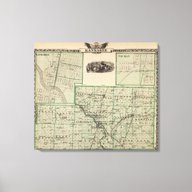 Toile Carte du comté de Kankakee, Kankakee et Gilman (Recto)