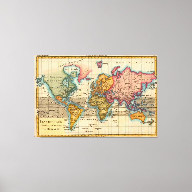 Toile Carte du Monde 1780 Bonne Antique Planisphère  (Recto)