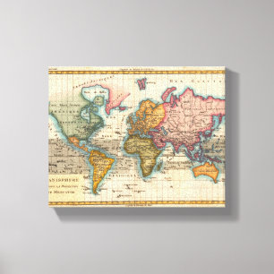 Toile Carte du Monde 1780 Bonne Antique Planisphère
