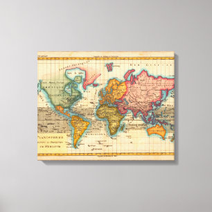 Toile Carte du Monde 1780 Bonne Antique Planisphère