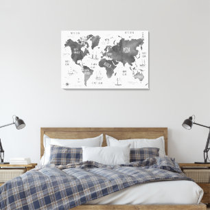 Toile Carte du monde artistique noir blanc nautique