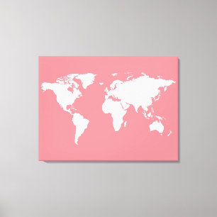 Toile carte du monde blanche sur rose
