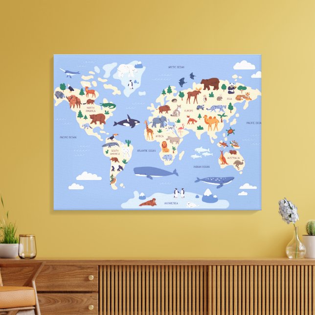 Toile carte du monde pour enfants avec des animaux (Insitu(Salon))