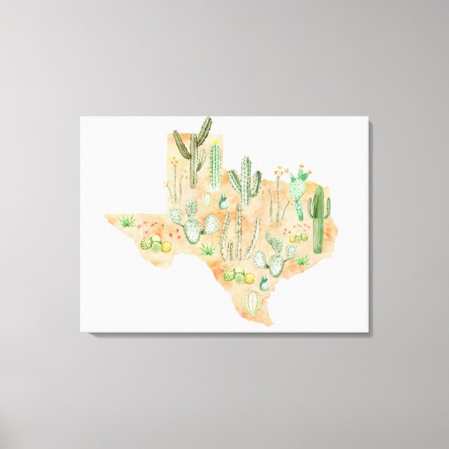 Toile Carte illustrée de l'aquarelle de cactus du Texas (Recto)