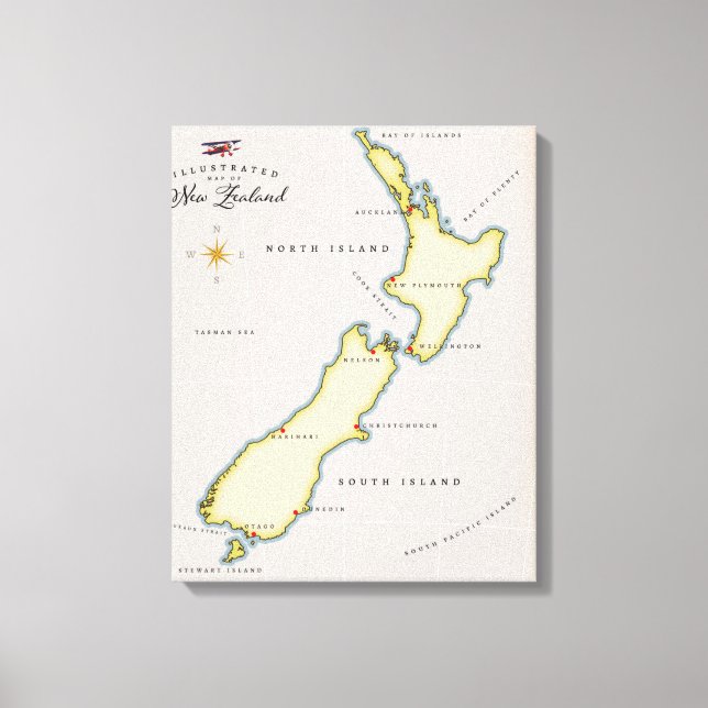 Toile Carte illustrée de Nouvelle-Zélande (Recto)