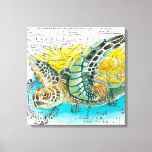 Toile Carte Vintage de la tortue de mer blanche