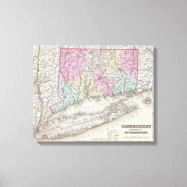 Toile Carte vintage du Connecticut (1857) (Recto)
