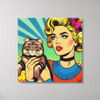 Cartoon Comic Pop Art Femmes tenant un chat