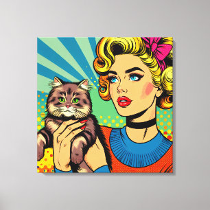 Toile Cartoon Comic Pop Art Femmes tenant un chat