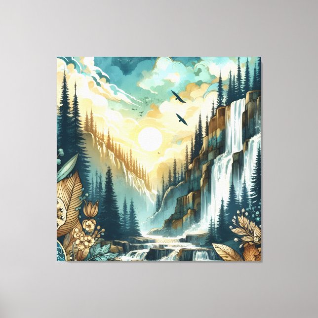Toile Cascade de Forest Mountain Boho Motif naturel (Recto)