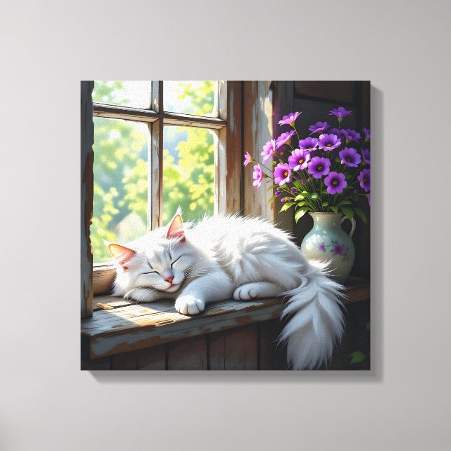 Toile Cat Napping on the Window Sill | Purple Flowers (Recto)