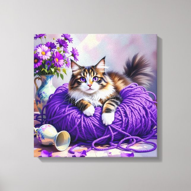 Toile Cat with Purple Eyes in Purple Yarn and Flowers (Recto)