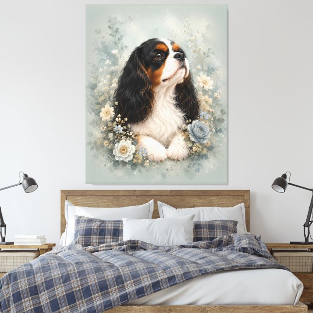 Toile Cavalier King Charles Spaniel with Blue Flowers |  (Insitu(Chambre))