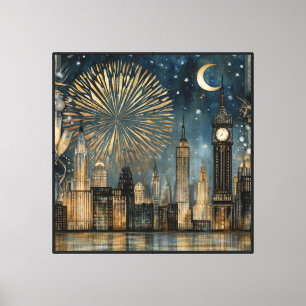 Toile Célébration de feux d'artifice sur la skyline noct
